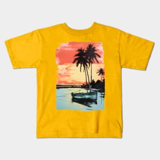 Palm Trees Sunset Tropical Beach Boat Seascape Graphic Kids T-Shirt